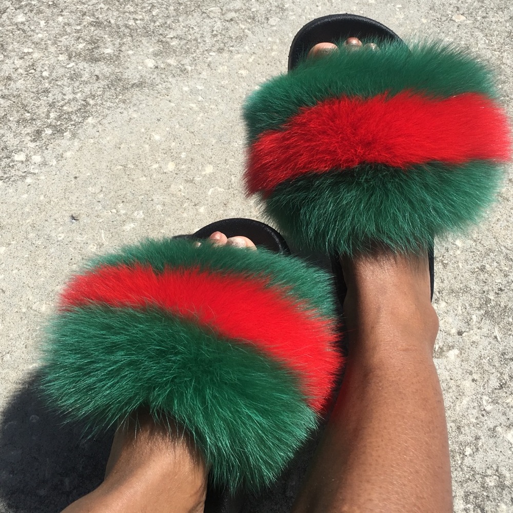 Dark Green and red fox fur slides
